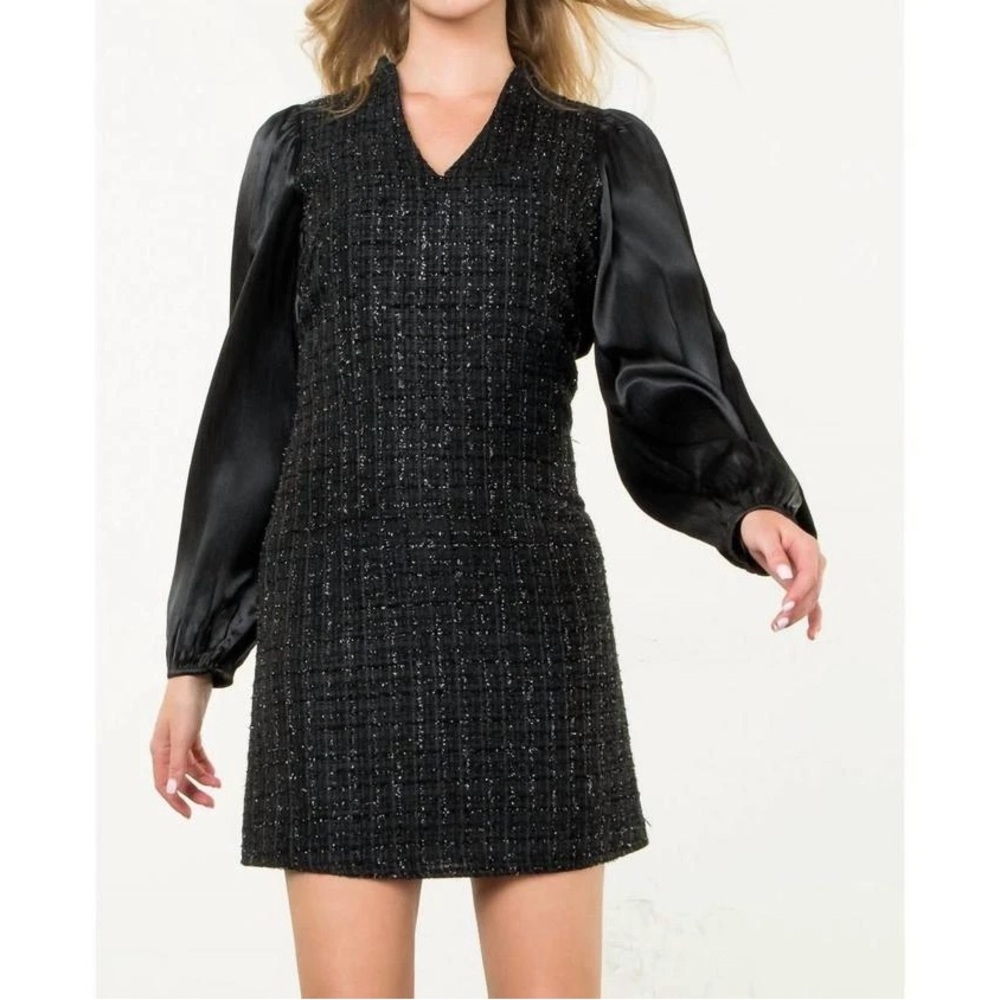 THML NWT Black Mixed Media‎ Tweed Mini Dress Long Sleeve LBD Women's Size S